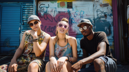 Portrait of an diversed group of young adults hanging out on urban street in summer. Generative AI imageの素材