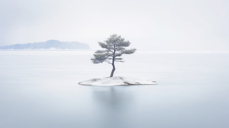Lone lonely tree in winter snow and lake solitude, minimalist. Generative AI image weber.の素材