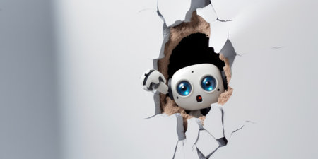 Cute robot toy peeking out of a hole in wall, torn hole, empty copy space frame, mockup. Generative AI image weber.の素材