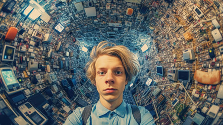 Overwhelming information data explode out of head of young human brain, too much media, too much information, maximalism, news, social media addiction. Generative AI image weber.の素材