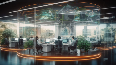 Futuristic technology open space office interior. Corporate office for strategy of finance, operations, marketing.の素材