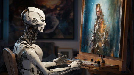 Generative AI art technology concept, robot painting picture in studio. Generative AI image.の素材