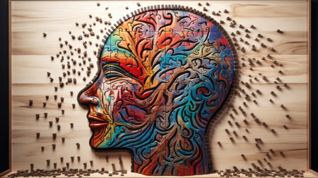 ADHD, attention deficit hyperactivity disorder, mental health, head of a man with jigsaw piecesの素材