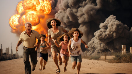 Innocent civilian running away from missile attack in the city. Kids and family escape from surprise military operation with fear and scare.の素材