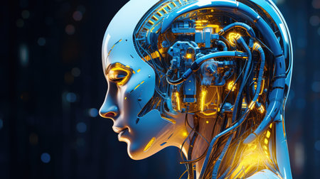 AI Artificial Intelligence concept. Woman robot face with brain of digital technology for deep learning, Machine learning and Singularity.の素材