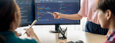 Closeup skilled young female programer present program coding and sharing programing idea while...