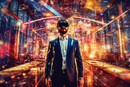 Businessman wearing virtual reality with digital big data transfer from brain to buzzy software showing futuristic technology generative AI imageの素材