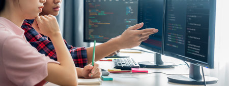 Female programer explain while pointing code displayed on computer. Professional programmer present...