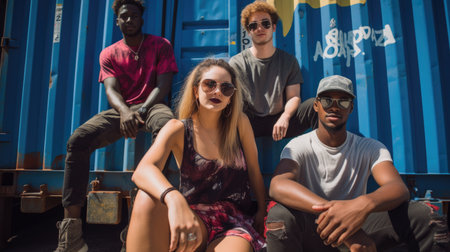 Portrait of an diversed group of young adults hanging out on urban street in summer. Generative AI imageの素材