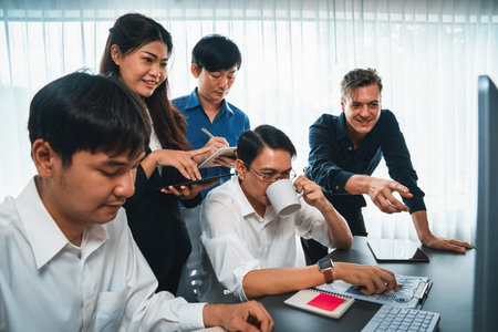 Data analysts team of office worker collaborate on business intelligence BI dashboard to analyze...