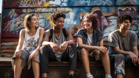 Portrait of an diversed group of young adults hanging out on urban street in summer. Generative AI imageの素材