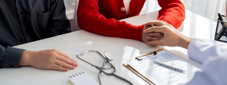 Couple attend fertility or medical consultation with gynecologist at hospital as family planning...