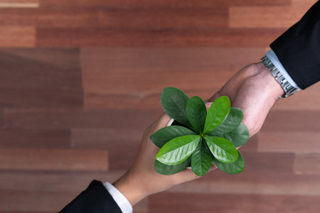 Panoramic banner top view business investment on reforestation by group of people holding plant together promoting CO2 reduction and natural preservation to save Earth with sustainable future. Quaintの写真素材