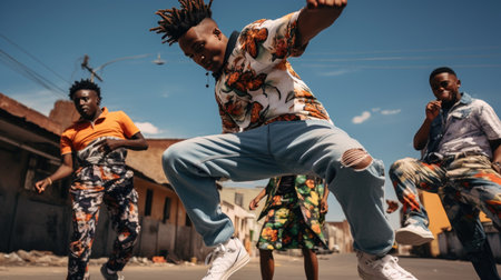 sport, street, dancing and urban culture concept - group of teenagers dancing in Paris street. Generative AI image.の素材