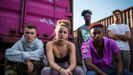 Portrait of an diversed group of young adults hanging out on urban street in summer. Generative AI imageの素材