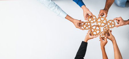 Top panorama banner of business team joining cogwheel in circular together symbolize successful...