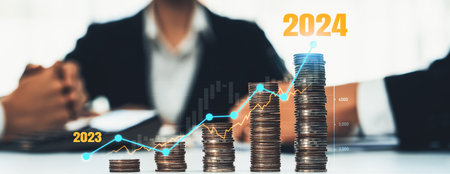Growth coin stack symbolizing business investment and economic growth. Business people doing financial planning to achieve financial goal and contribute maximum profit on new year 2024 . Shrewdの写真素材