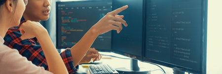 Cropped image of professional programer team collaboration discuss about web coding while coworker...