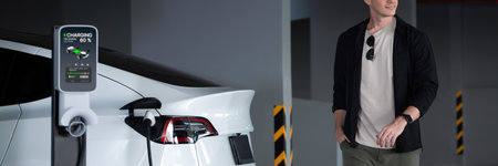 Young man travel with EV electric car to shopping center parking lot charging in downtown city...