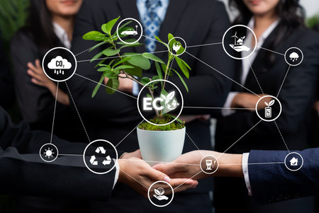 Business partnership nurturing or growing plant together with carbon icon symbolize ESG sustainable...
