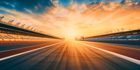 F1 race track circuit road with motion blur and grandstand stadium for Formula One racingの素材