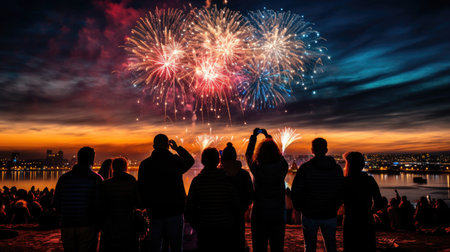 Firework explosion in the night sky celebrating happy new year 2024 . National firework shooting in the beautiful sky for a new year day of year 2024 .の素材