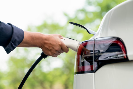 Man recharging battery for electric car during road trip travel EV car in natural forest or national park. Eco friendly travel during vacation and holiday. Exaltの写真素材