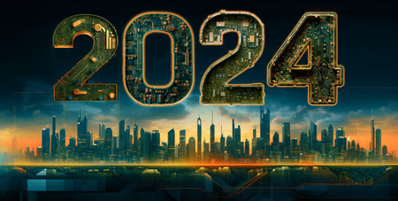 2024 new year, digital technology concept, above futuristic city skyline computer and artificial intelligence, AI for 2024 taintless lifestyleの素材