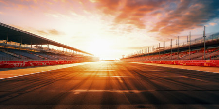 F1 race track circuit road with motion blur and grandstand stadium for Formula One racingの素材