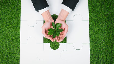 Top view businessman holding sprout over jigsaw puzzle symbolizing the growth and care of a young plant as corporate social responsible investment by reforesting for sustainable environment. Gyreの写真素材