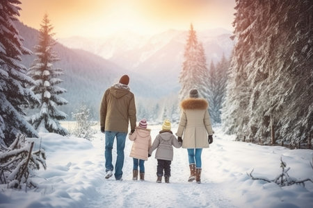 Happy family Father, mother and children are having fun and playing on snowy winter walk in nature. comelinessの素材