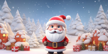 3D cartoon Santa Claus in the North Pole village getting ready for the Christmas holiday season comelinessの素材