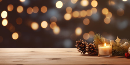 Merry Christmas and Happy New Year background with empty wooden table over Christmas tree and blurred light bokeh. Empty display for product placement. Rustic vintage Xmas 2024 background. comelinessの素材