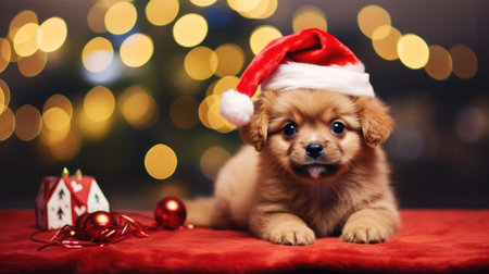 Adorable dog wearing Santa hats at room decorated for Christmas comelinessの素材