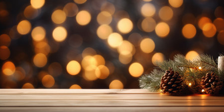 Merry Christmas and Happy New Year background with empty wooden table over Christmas tree and blurred light bokeh. Empty display for product placement. Rustic vintage Xmas 2024 background. comelinessの素材