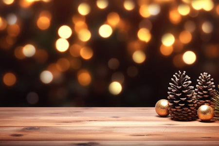 Merry Christmas and Happy New Year background with empty wooden table over Christmas tree and blurred light bokeh. Empty display for product placement. Rustic vintage Xmas 2024 background. comelinessの素材