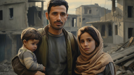 Civilian refugee affected from aggression of war and battle escape city from war zone which has no little comelinessの素材