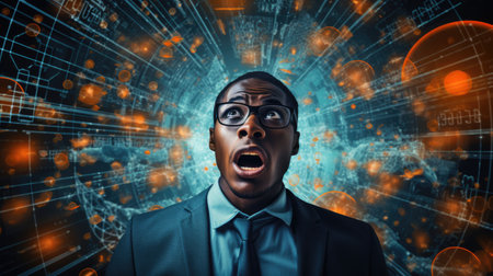 Business person overloaded by stress from business data and information that come from work, technology, social media and marketing business strategy received by a corporate employeeの素材