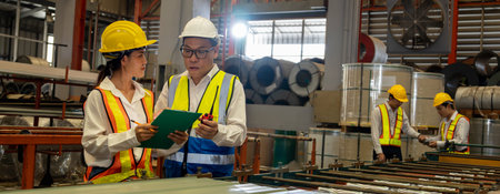 Factory engineer manager with assistant conduct inspection on metal sheet product from industrial machine, exemplifying leadership as machinery engineering inspection supervisor in facility. Panoramaの写真素材