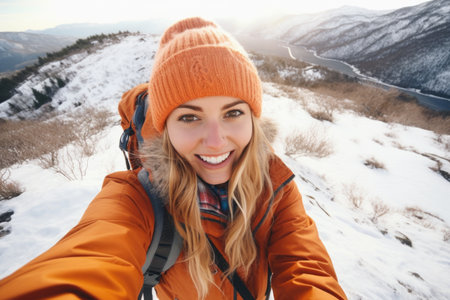 Traveler influencer taking selfie during travel in winter season backpack on alps mountain comelinessの素材