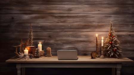 wider view of wooden desk with christmas decor at home in winter comelinessの素材