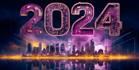 2024 new year, digital technology concept, above futuristic city skyline computer and artificial intelligence, AI for 2024 taintless lifestyleの素材