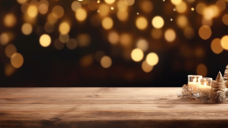 Merry Christmas and Happy New Year background with empty wooden table over Christmas tree and blurred light bokeh. Empty display for product placement. Rustic vintage Xmas 2024 background. comelinessの素材