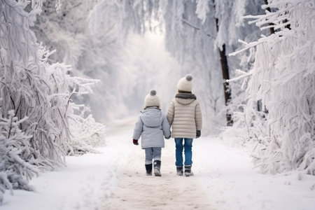 Happy family Father, mother and children are having fun and playing on snowy winter walk in nature. comelinessの素材