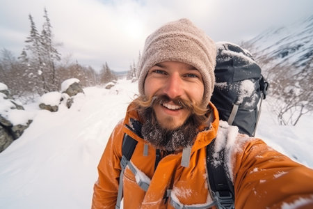 Traveler influencer taking selfie during travel in winter season backpack on alps mountain comelinessの素材