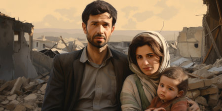 Civilian refugee affected from aggression of war and battle escape city from war zone which has no little comelinessの素材