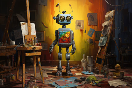 Concept of generative AI art technology, robot painting picture in studio. comelinessの素材