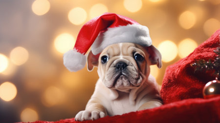 Adorable dog wearing Santa hats at room decorated for Christmas comelinessの素材