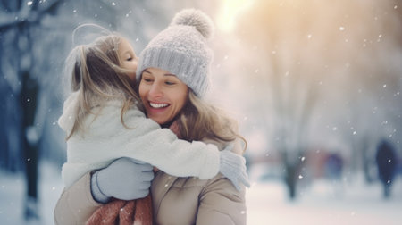 Happy family having fun while travel outdoor in winter enjoying time together comelinessの素材