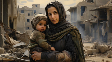 Civilian refugee affected from aggression of war and battle escape city from war zone which has no little comelinessの素材